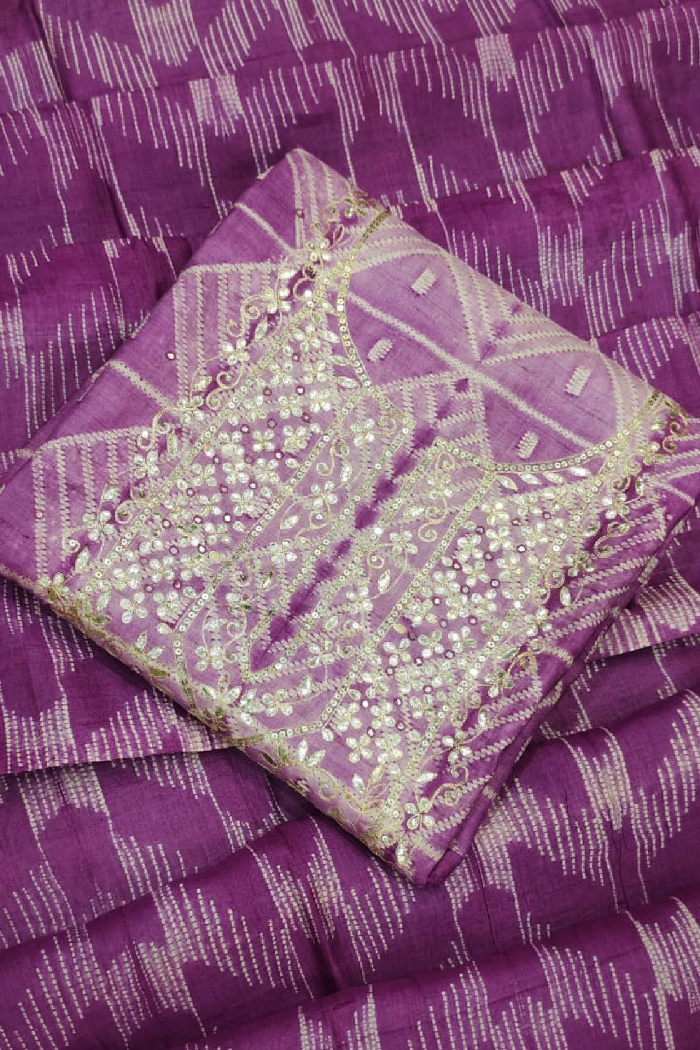 Shibbori Printed with Gota Patti Work Unstitched Dress Material