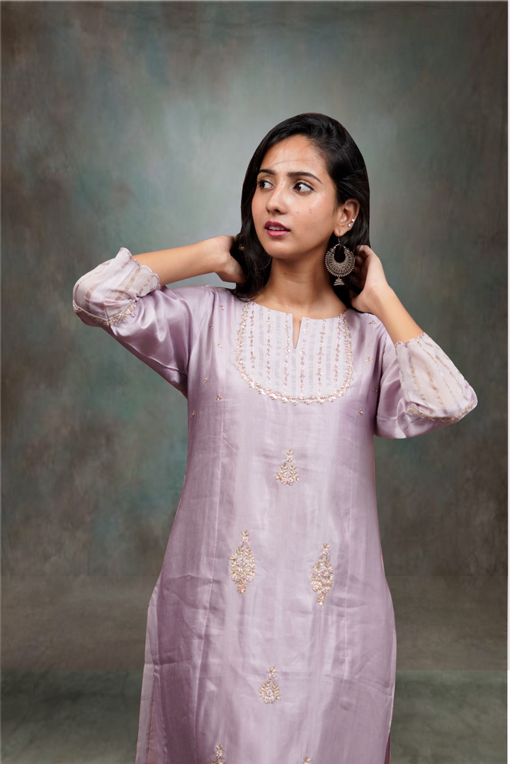 Lilac Color Pearl & Bead Worked Silk Salwar Kameez