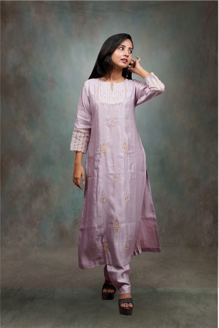 Lilac Color Pearl & Bead Worked Silk Salwar Kameez