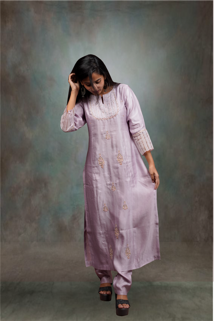 Lilac Color Pearl & Bead Worked Silk Salwar Kameez