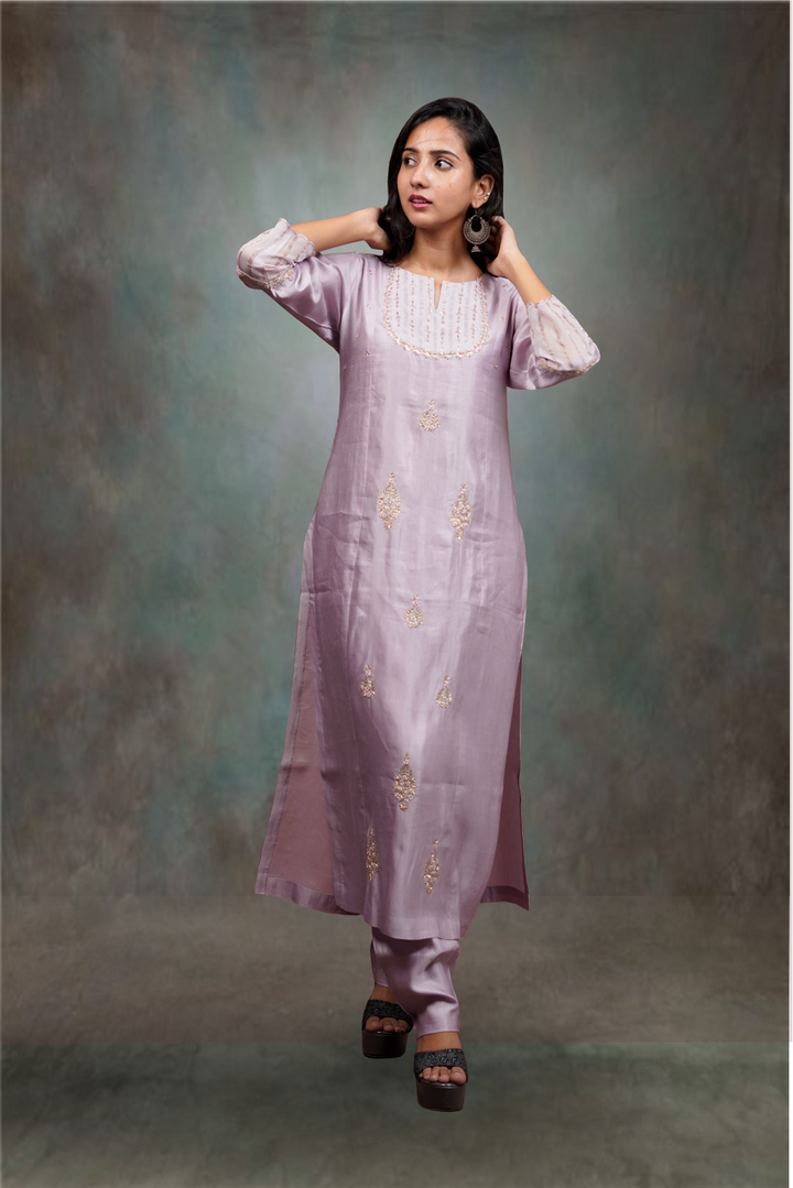 Lilac Color Pearl & Bead Worked Silk Salwar Kameez