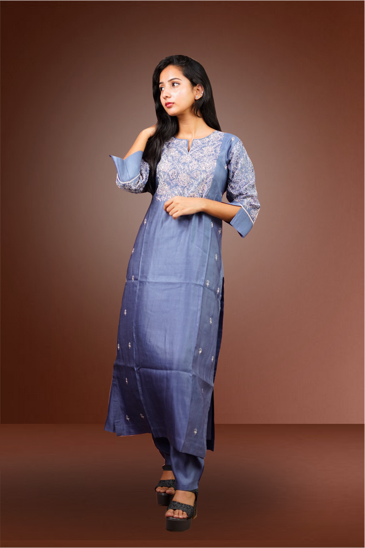 Blue Grey Charmouse Silk Thread  Bead Worked Salwar Kameez