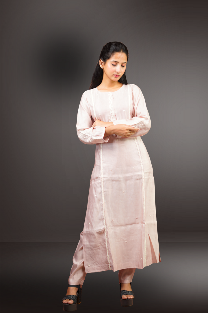 Light Peach Color Charmouse Silk Kashmiri Thread Worked Salwar Kameez