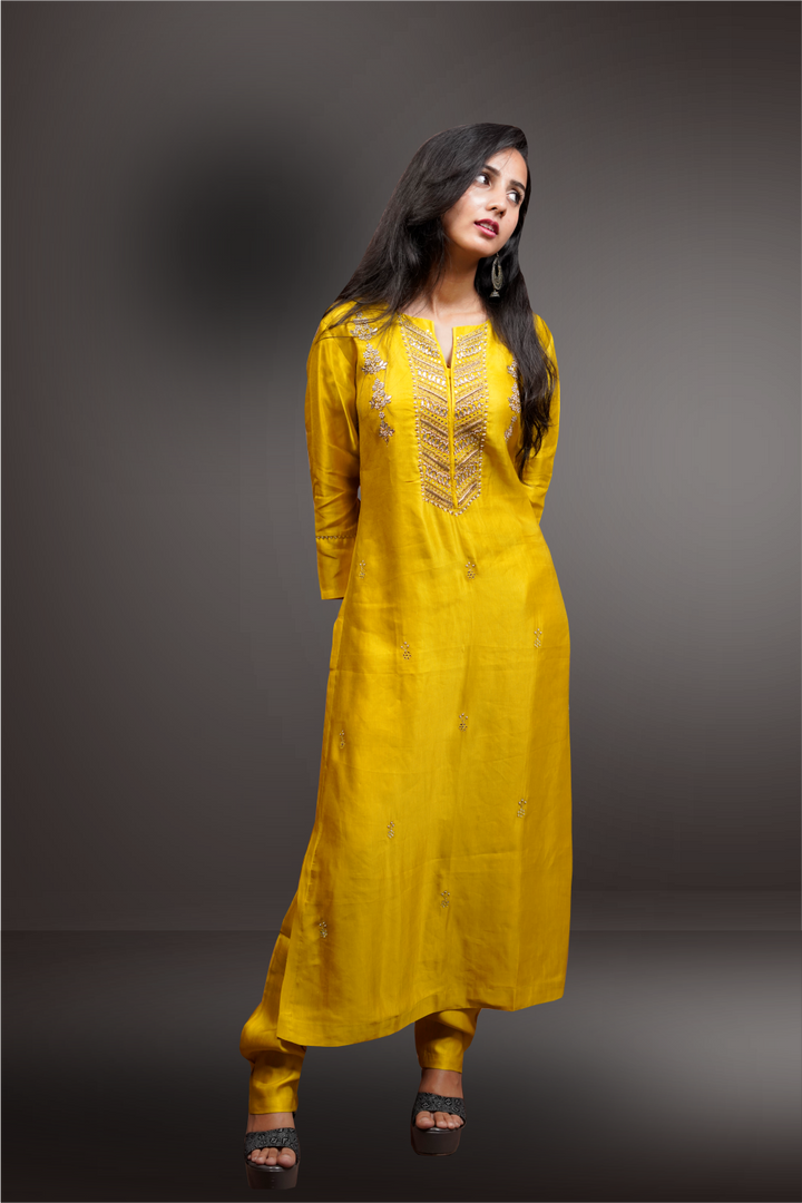 Mustard Color Silk Pearl & Gota Patti Worked Salwar Kameez