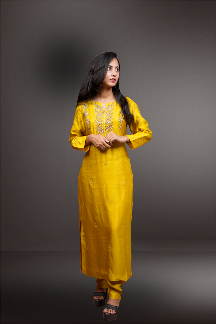 Mustard Color Silk Pearl & Gota Patti Worked Salwar Kameez