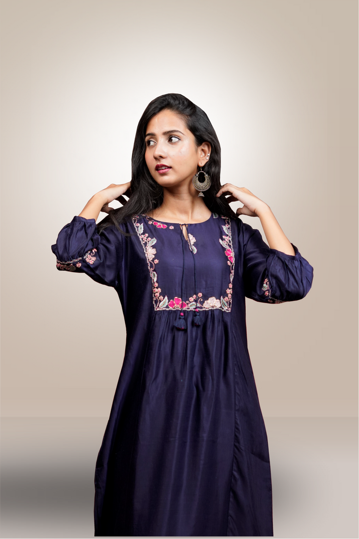 Dark Blue Color Hand Embroidery Worked Salwar Kameez