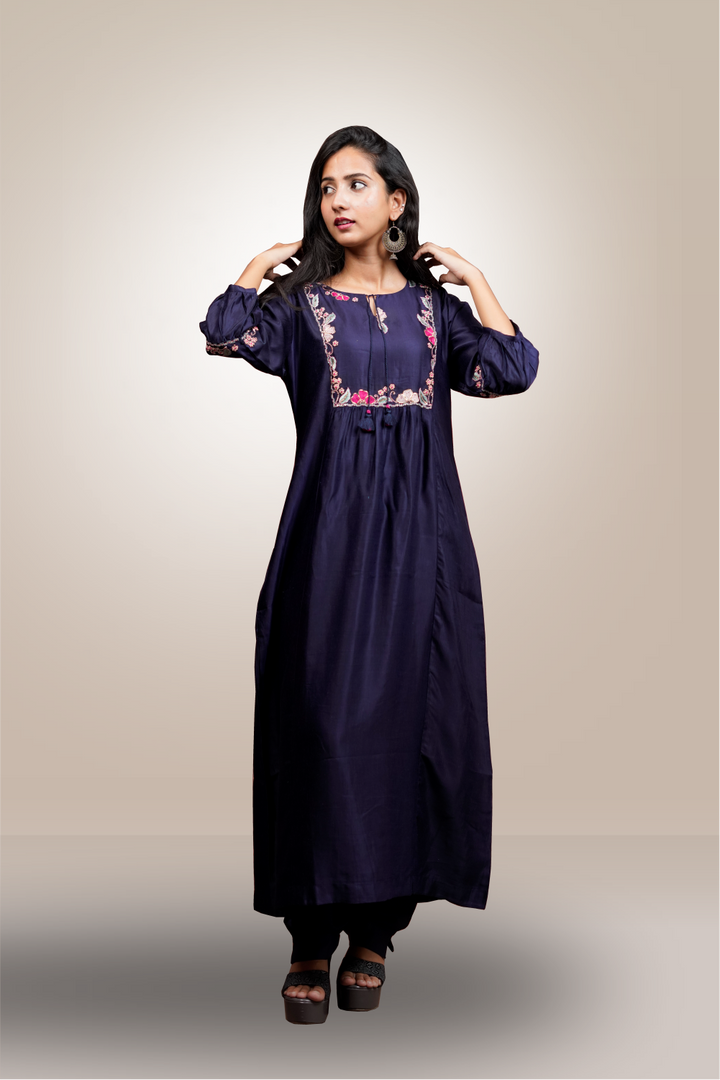 Dark Blue Color Hand Embroidery Worked Salwar Kameez