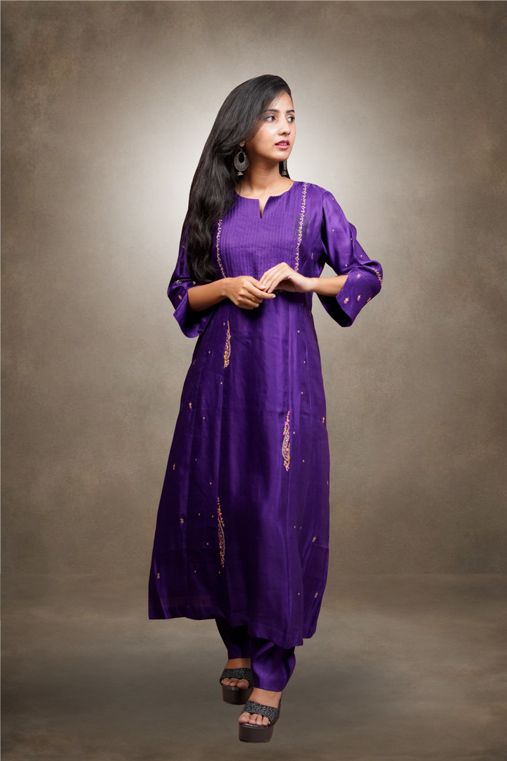 Raw Silk Dark Violet Color Worked Salwar Kameez