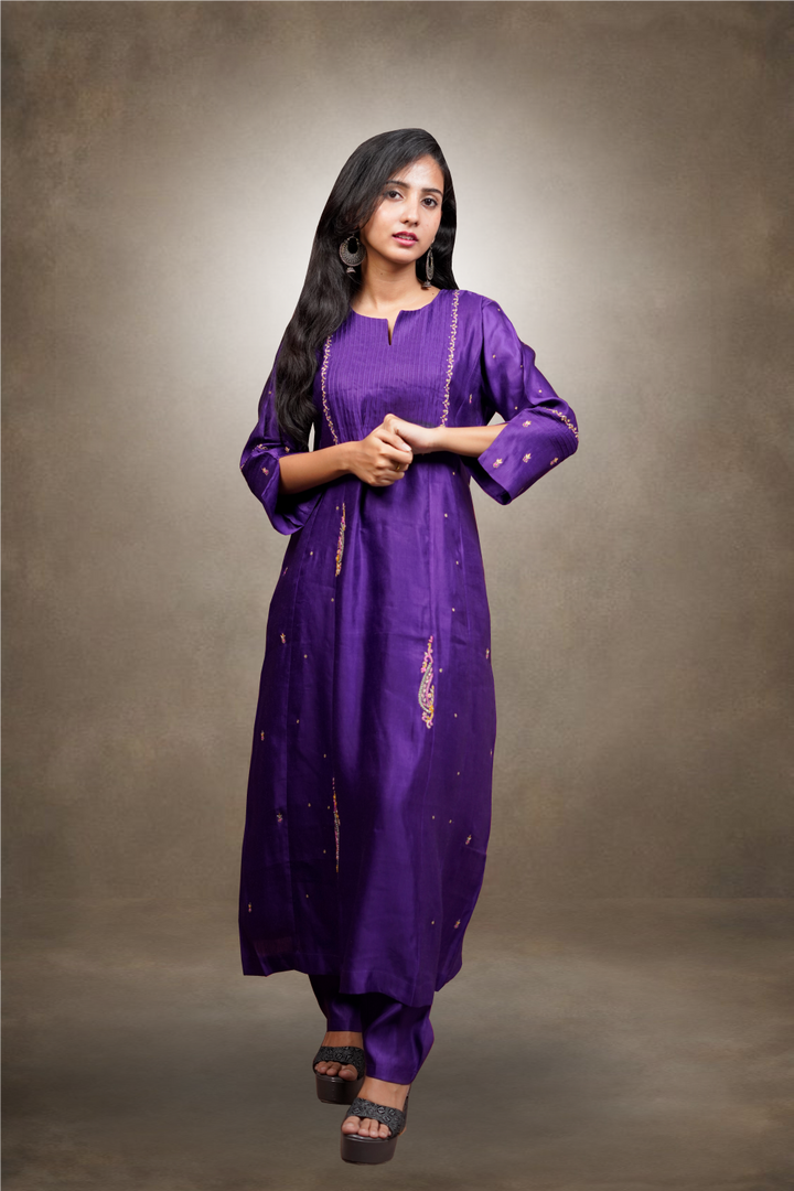 Raw Silk Dark Violet Color Worked Salwar Kameez