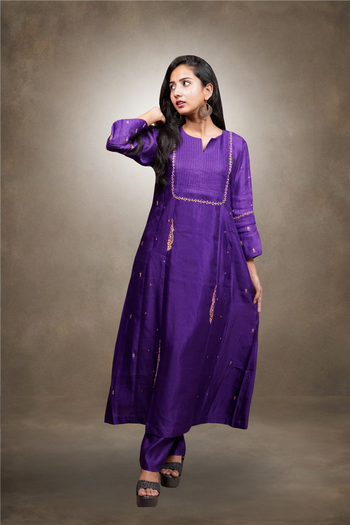 Raw Silk Dark Violet Color Worked Salwar Kameez