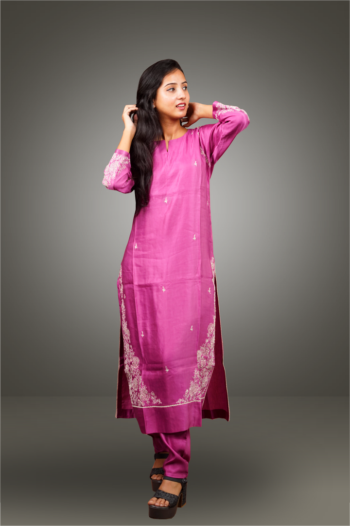 Onion Pink Charmouse Silk Thread Sequins Worked Salwar Kameez