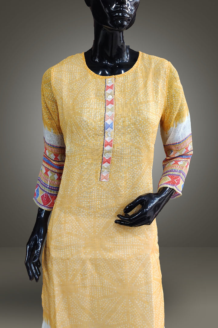 Yellow Pure Linen Printed Salwar Kameez