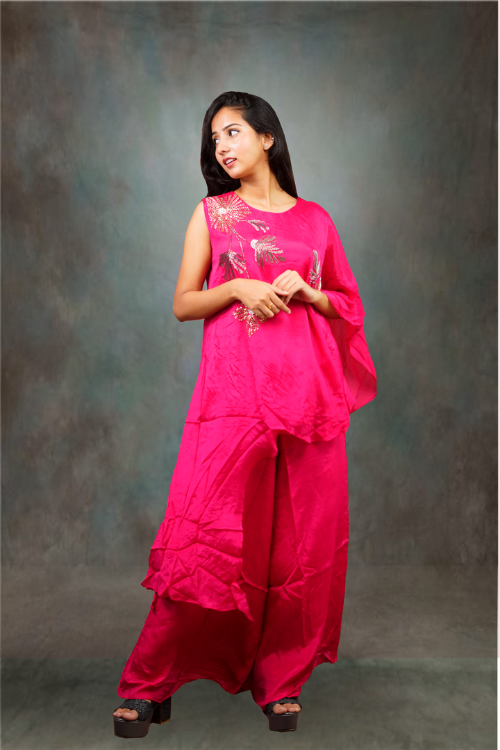 Dark Pink Colour Cinon Silk One Sholder Desighned Coord Sets