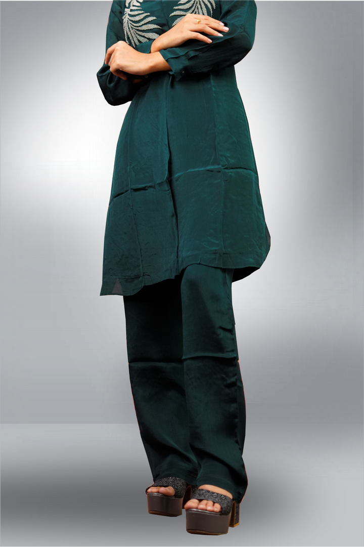 Dark Green Cinon Silk Hand Worked Co-ord Sets