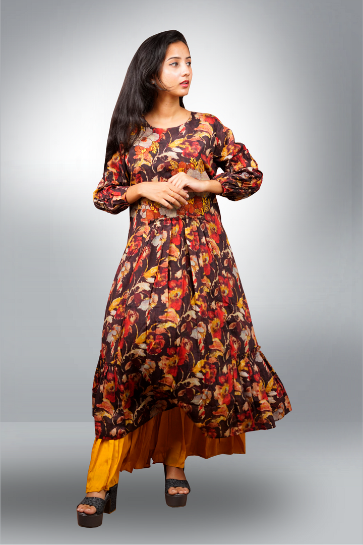 Multicolor Brown Base Lara Chiffon Sequins Worked Kurtie