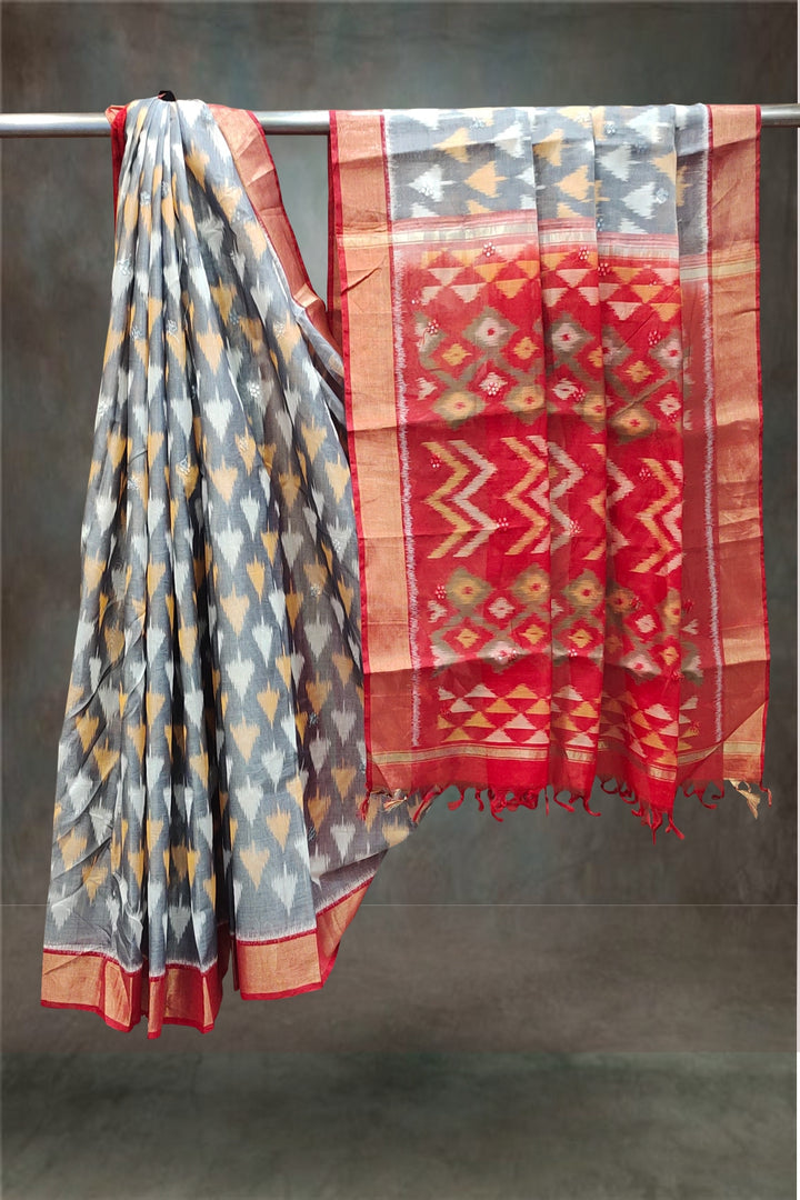 Silk Cotton Ikat Printed Grey Saree