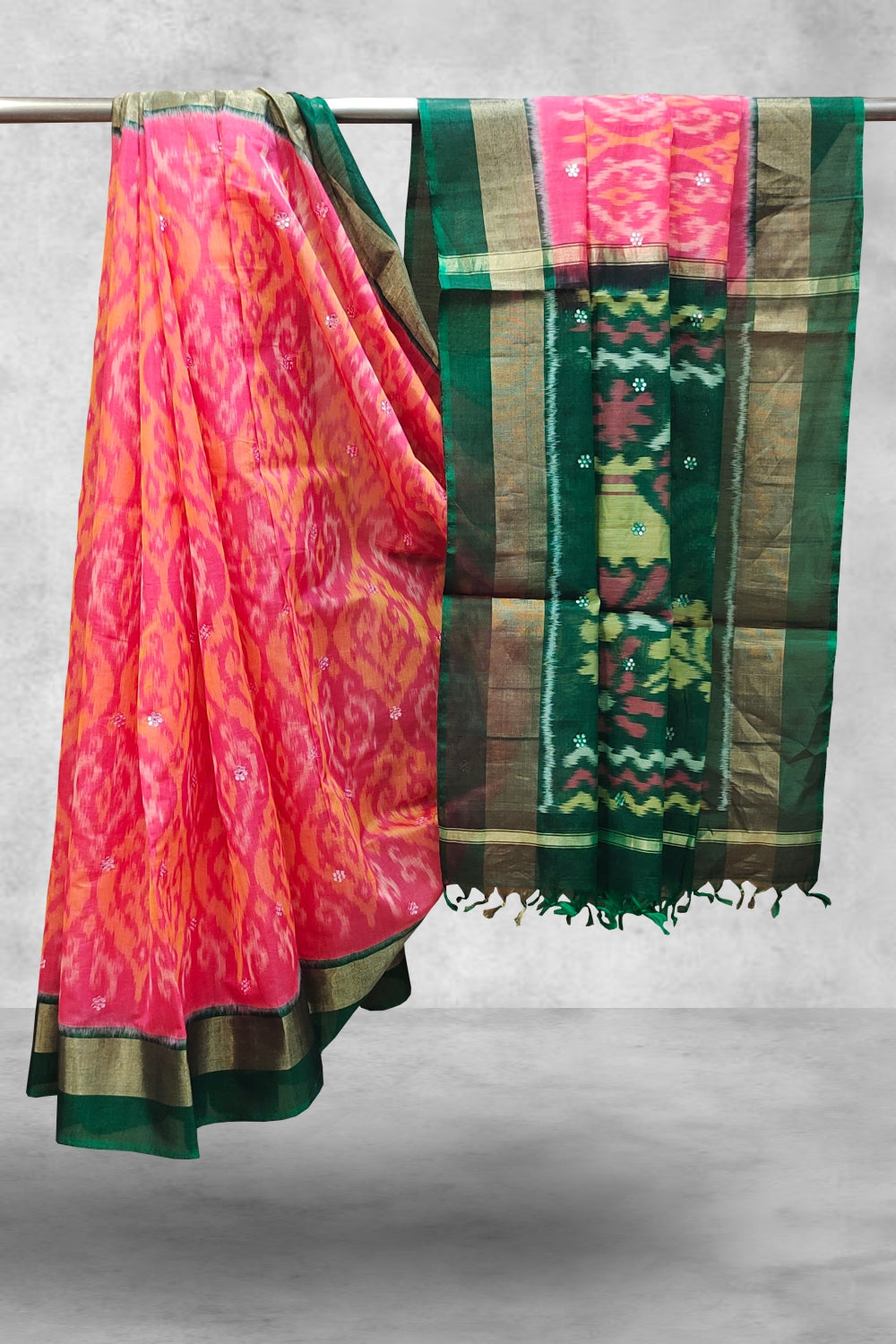 Silk Cotton Ikat Printed Pink Saree