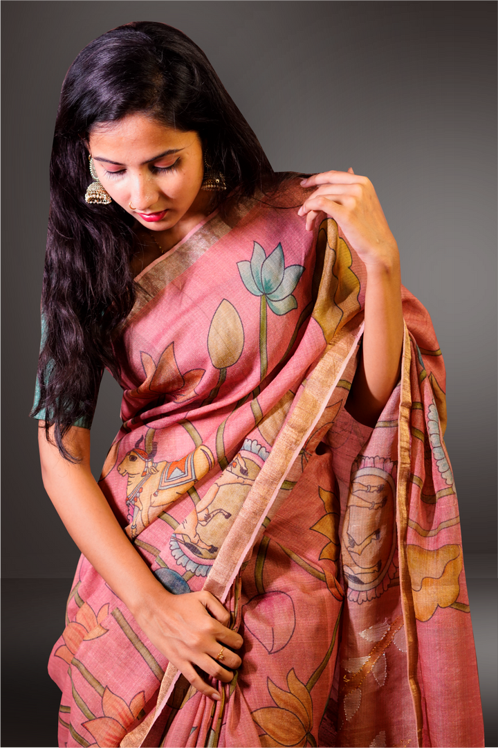 Red Color Tissue Tussar Pichwai Hand Painted Saree