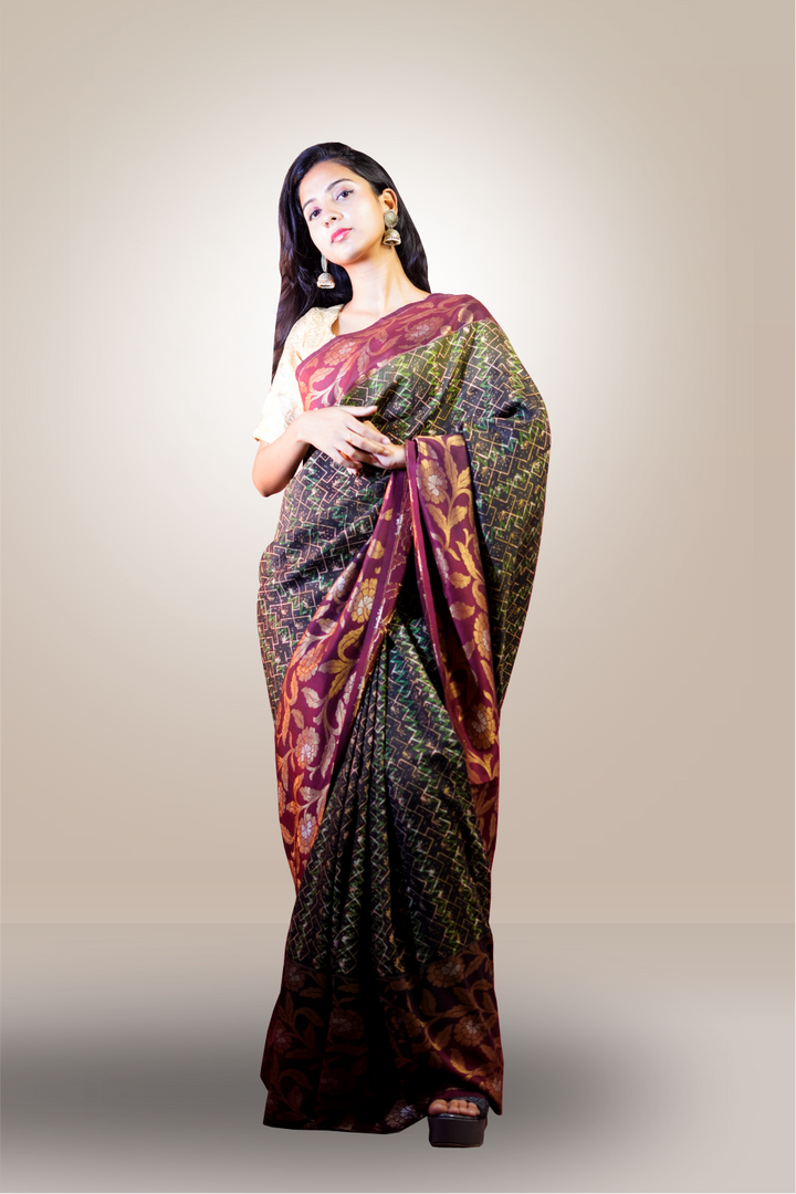 Black &  Multicolor Block Printed  Kinnari Worked Silk Crepe Saree