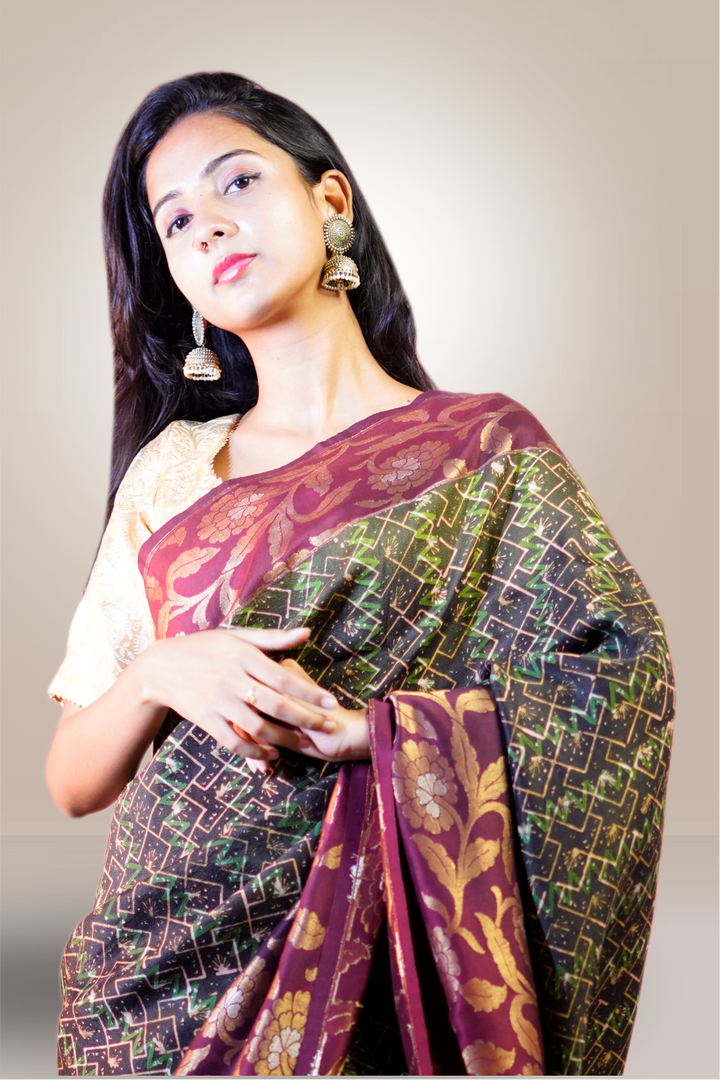 Black &  Multicolor Block Printed  Kinnari Worked Silk Crepe Saree