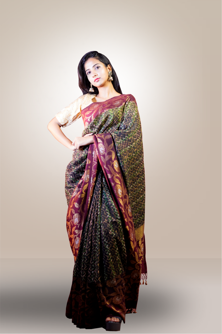 Black &  Multicolor Block Printed  Kinnari Worked Silk Crepe Saree