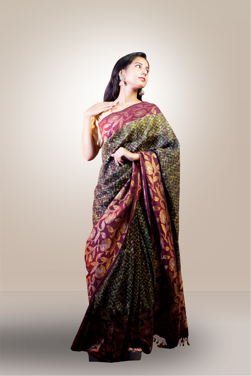 Black &  Multicolor Block Printed  Kinnari Worked Silk Crepe Saree