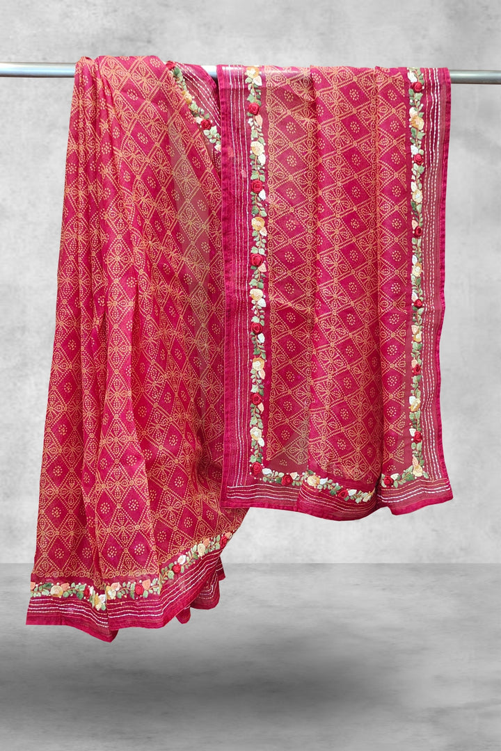 Dark Pink Bhandani Printed Organza Saree