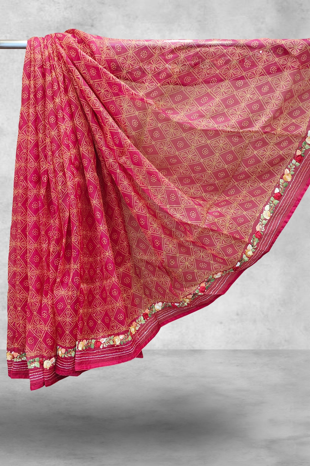 Dark Pink Bhandani Printed Organza Saree