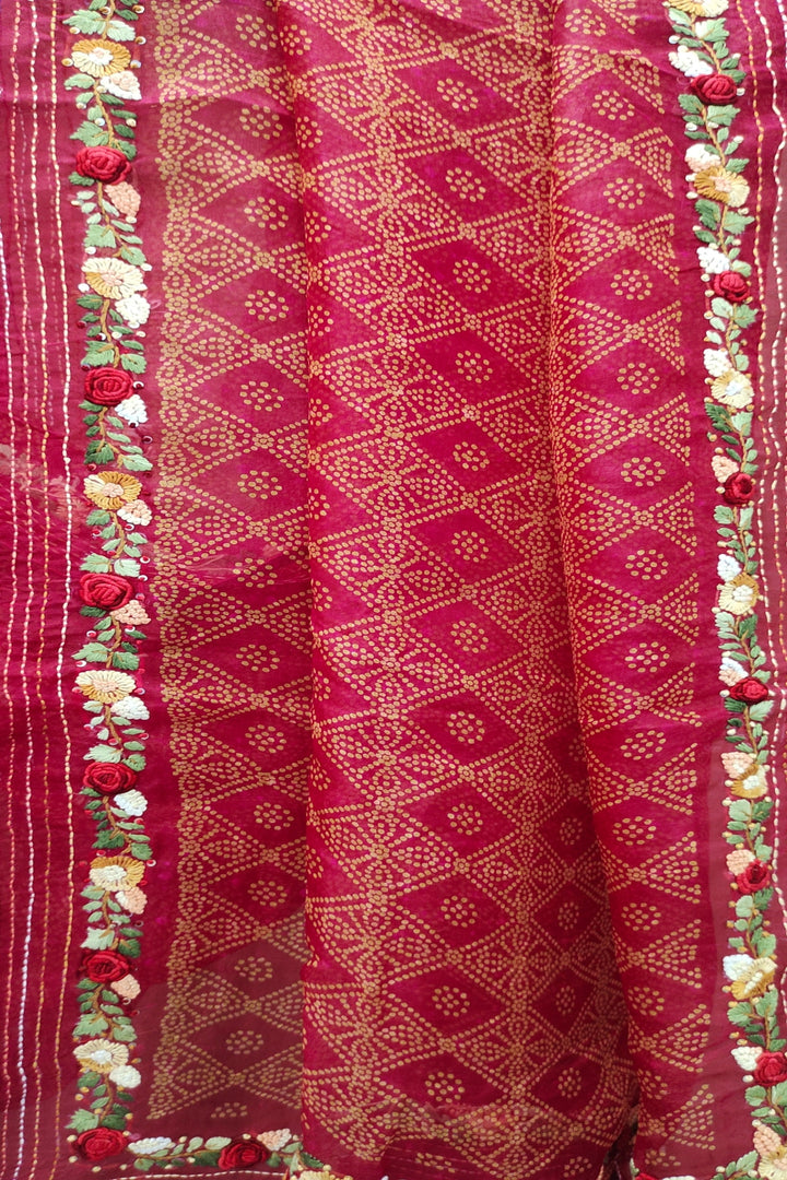 Dark Pink Bhandani Printed Organza Saree