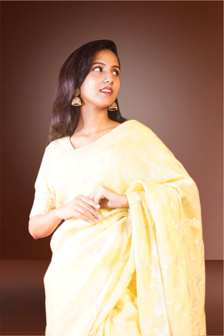 Yellow Color Pure Viscose Crepe Floral Weaving Saree