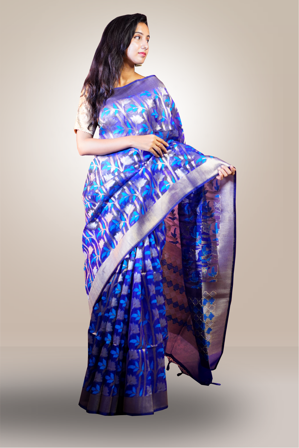 Blue color Flower Zari and Thread Weaving Muslin Silk Saree