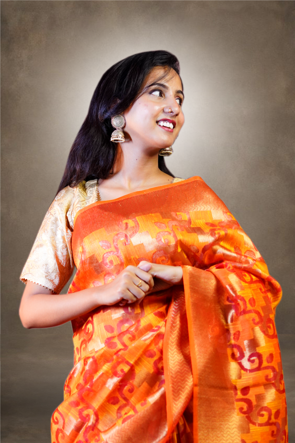 Orange Color Hand Weaven Muslin Silk Jamdani Texture Saree