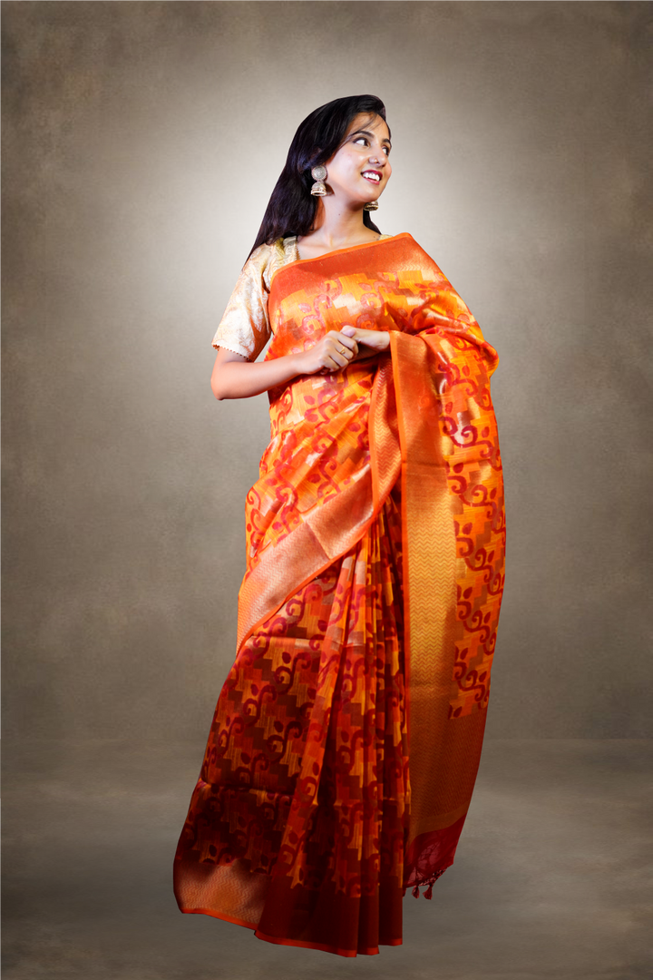 Orange Color Hand Weaven Muslin Silk Jamdani Texture Saree