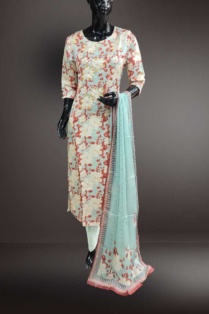 Pista Green Imported Raw Silk Printed with Beads Work Salwar Kameez