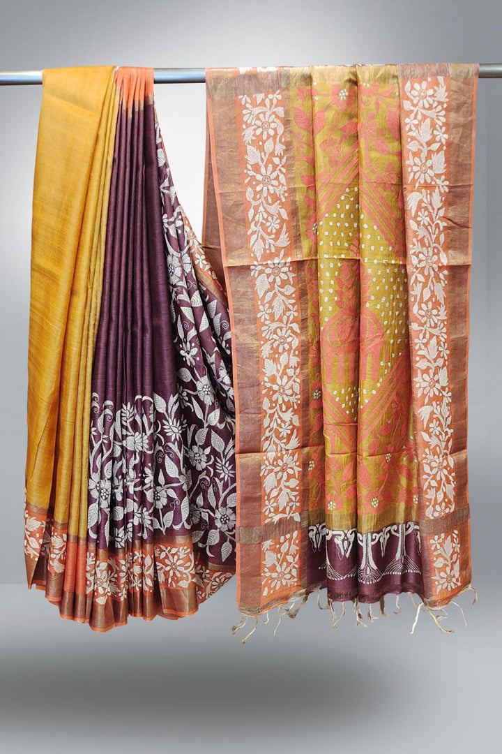 Tussar Silk Kantha Stitch Saree