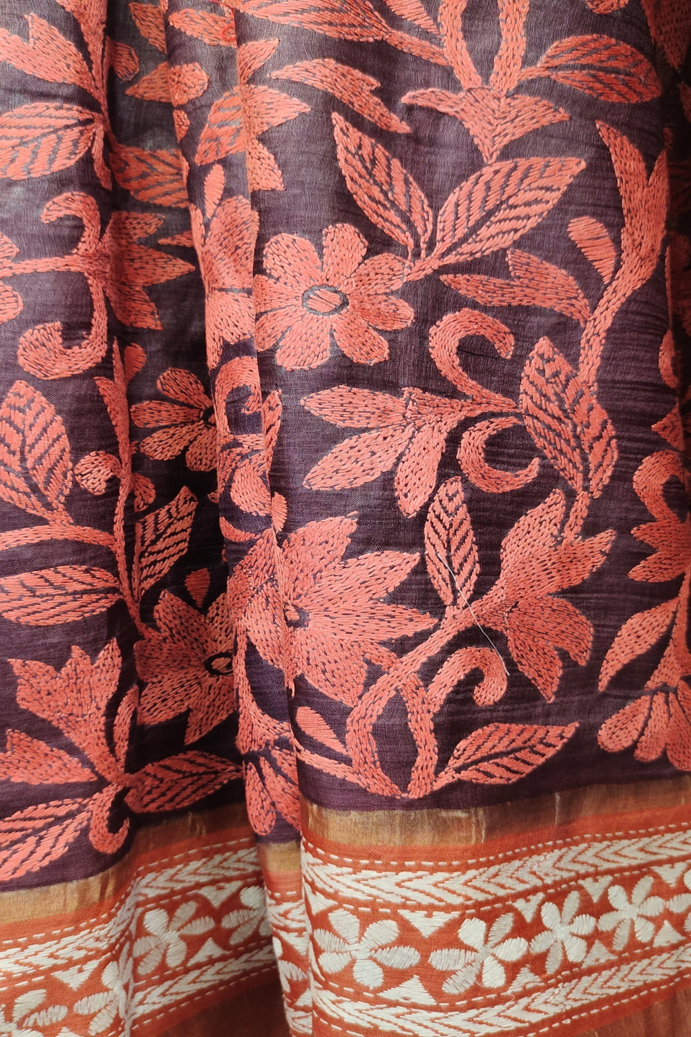 Deep Coffee Tussar Silk Kantha Stitch Saree