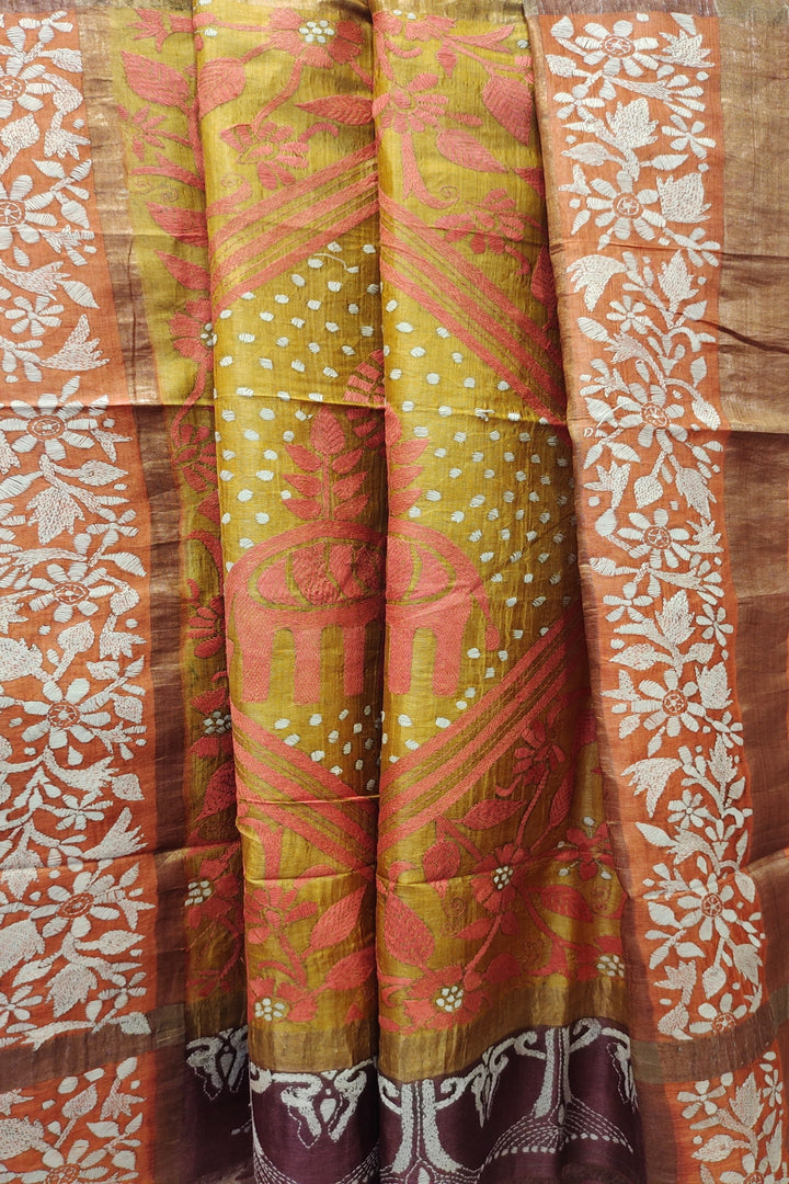 Tussar Silk Kantha Stitch Saree