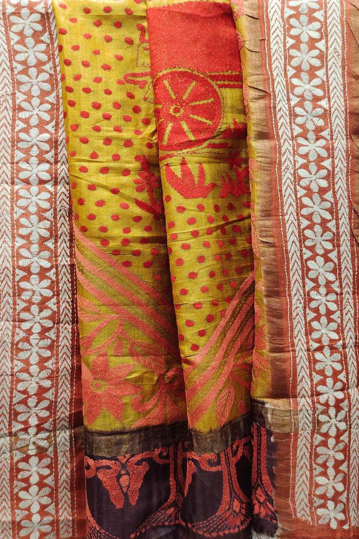 Deep Coffee Tussar Silk Kantha Stitch Saree