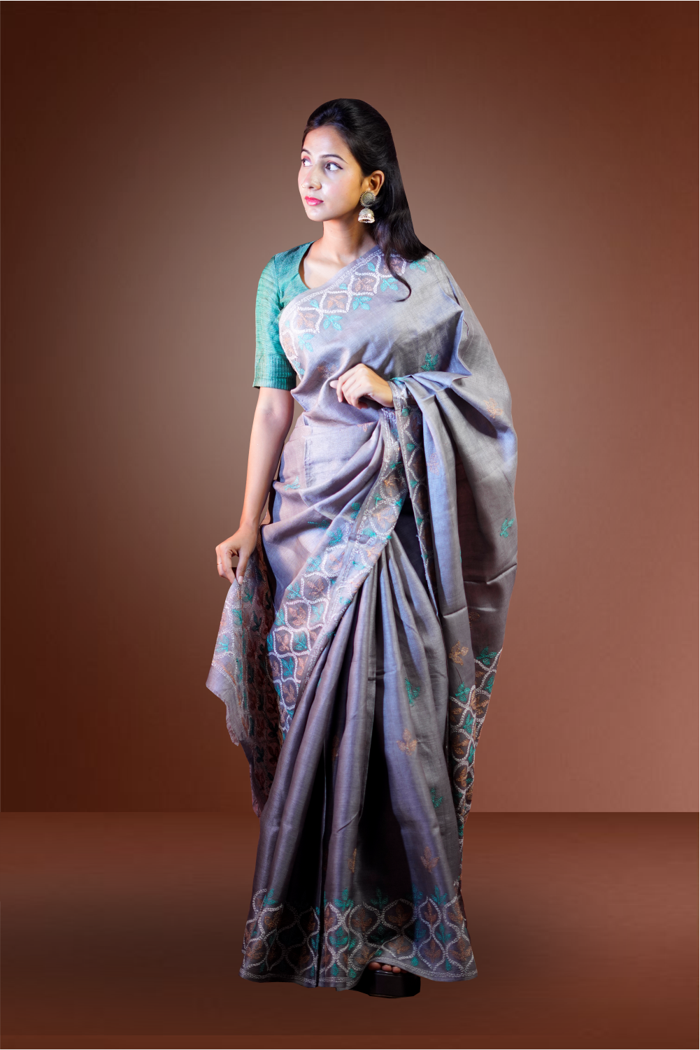 Grey Color Tussar Saree With Kantha Stitched Border