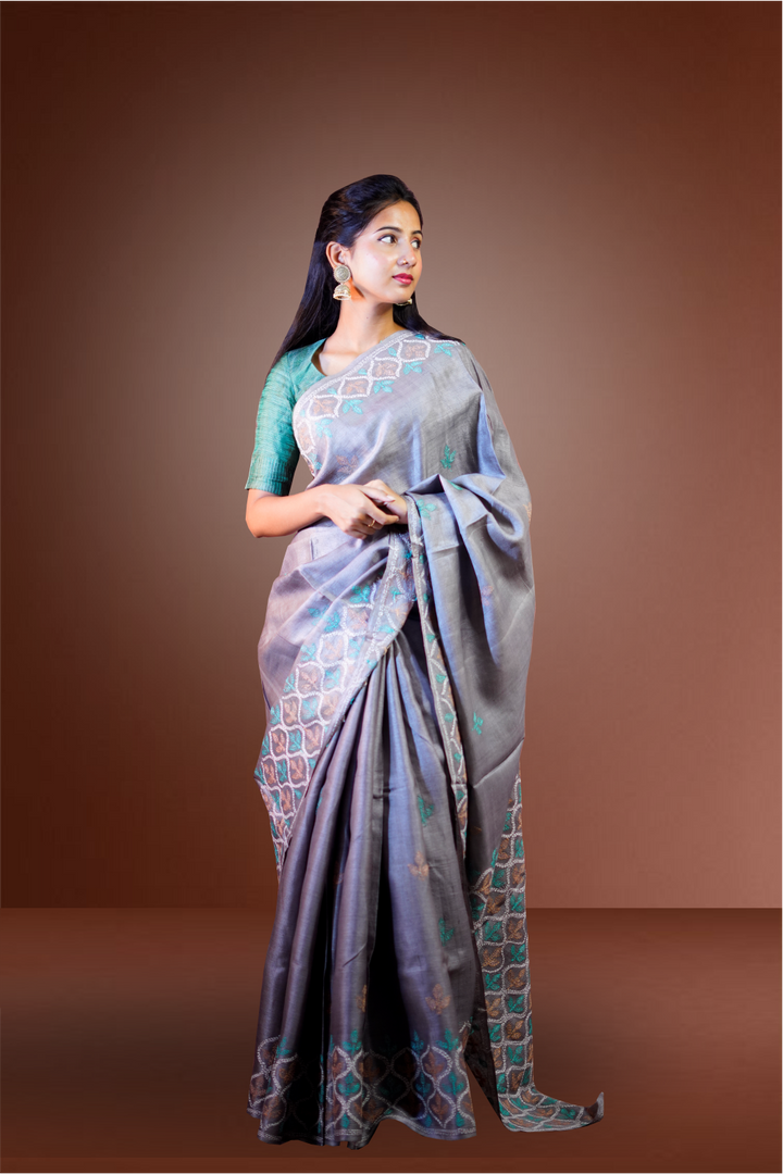 Grey Color Tussar Saree With Kantha Stitched Border