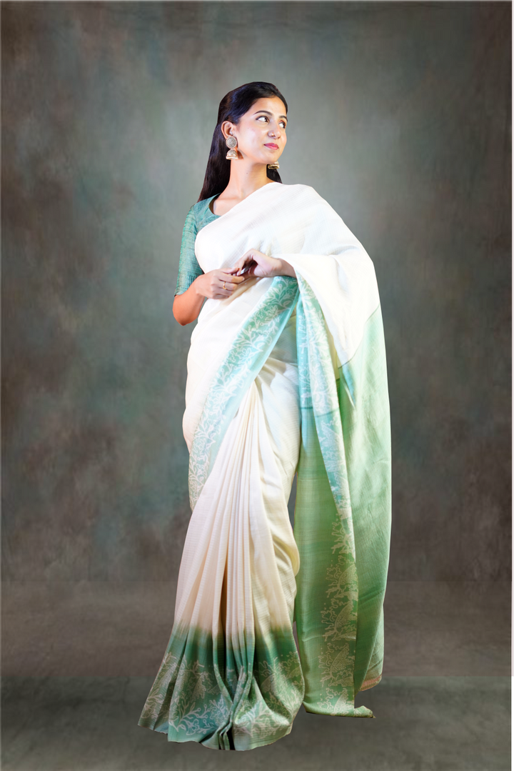 Jade Green & Cream Color Silk Tussar Saree With Digital Print