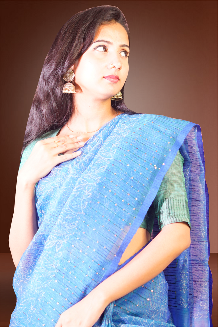 Blue Color Silk Organza Saree With Striped Blouse