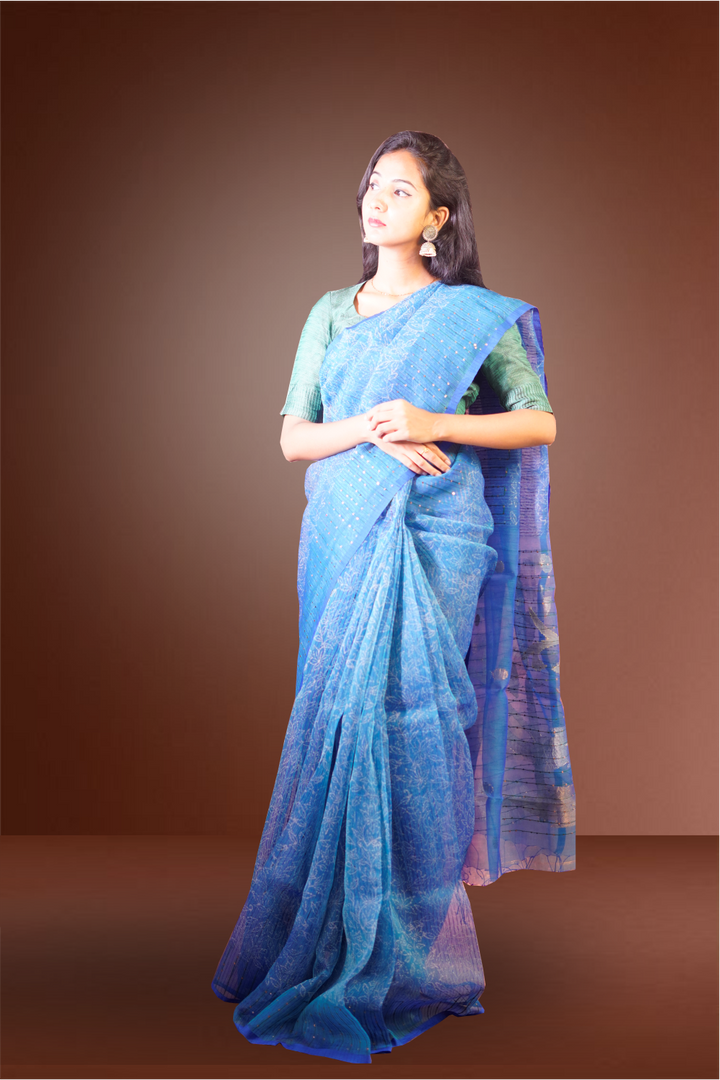 Blue Color Silk Organza Saree With Striped Blouse