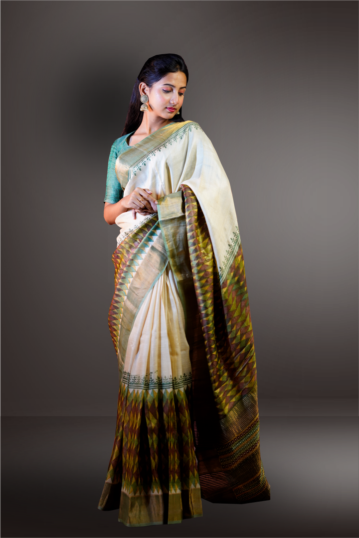 Beautiful Hand Worked Tussar Silk With Antique Zari Border Saree