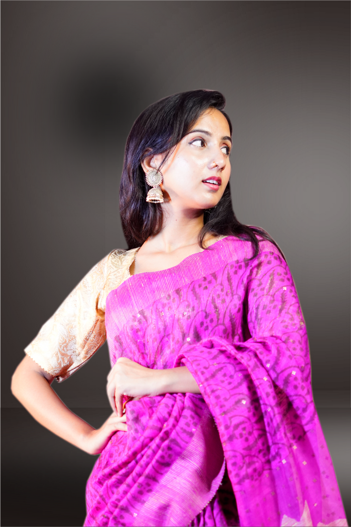 Pink Color Block Printed Noyal Silk Saree