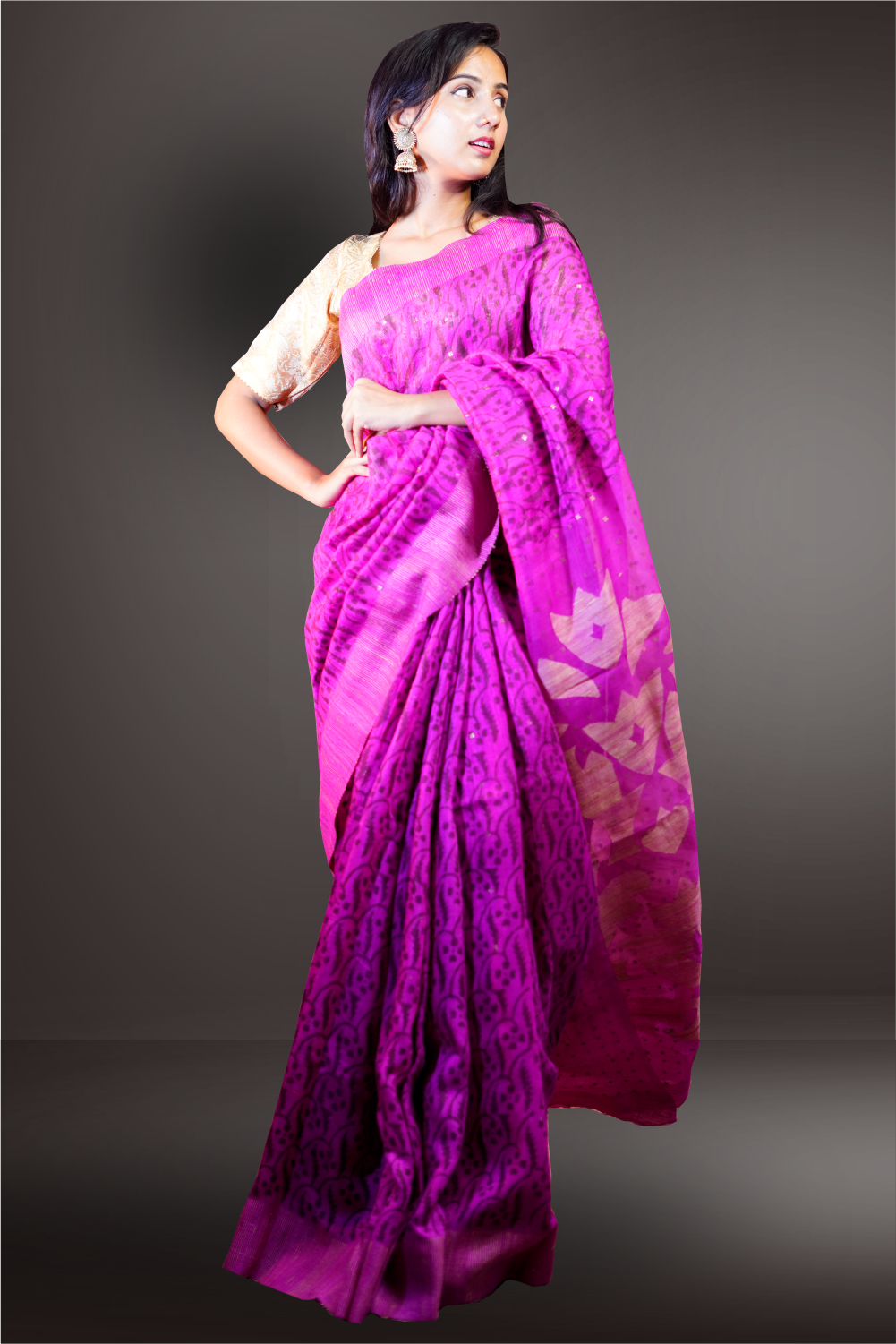 Pink Color Block Printed Noyal Silk Saree