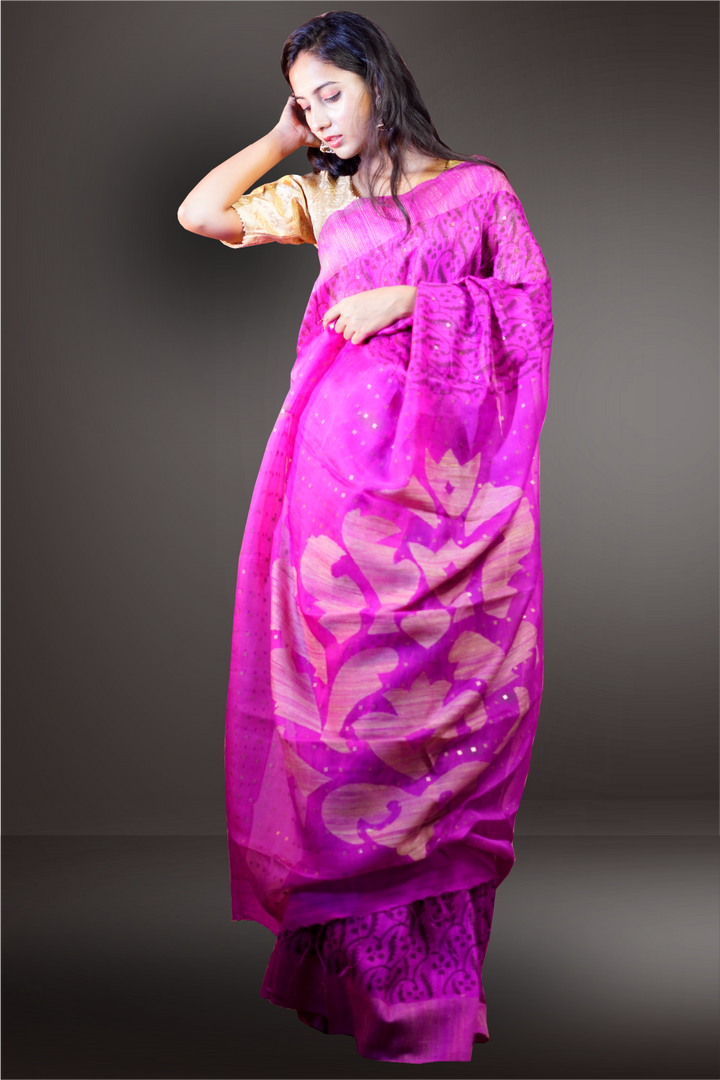 Pink Color Block Printed Noyal Silk Saree