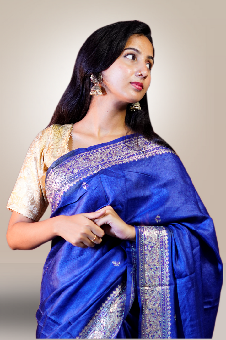 Blue Color Raw Silk gold Nakshi Hand Embroidery Saree