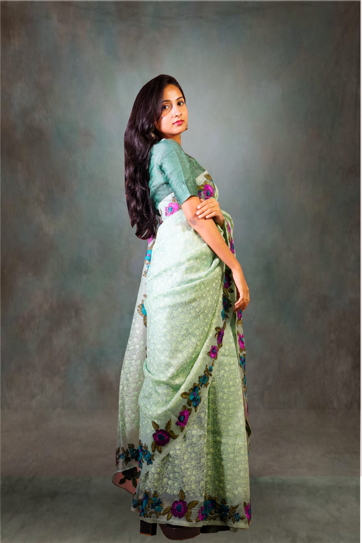 Sea Green Color Pure Organza Thread Embroidered Saree