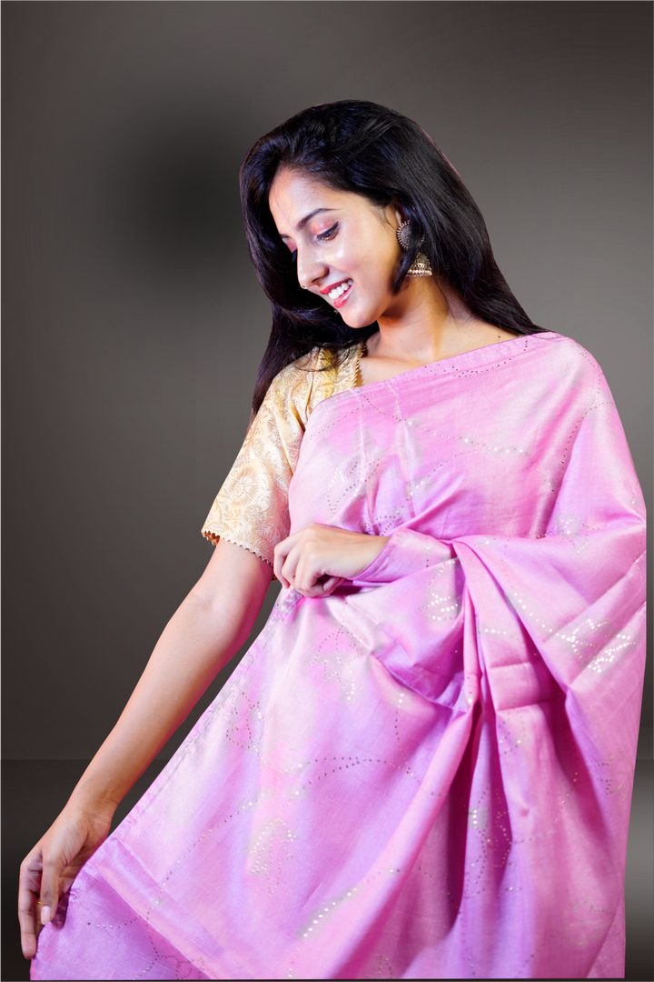 Pink Color Hand Crafted Gold Tikkit Worked Tussar Saree